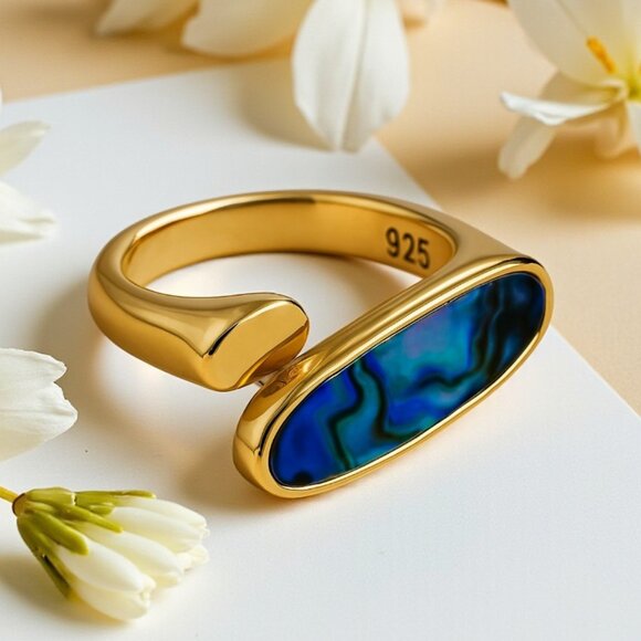🆕️Boho Chic Adjustable Ring Abalone Shell 18K Gold Plated S925 Sterling Silver - Picture 1 of 11